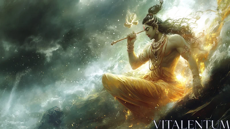 Mythic warrior seated in storm vortex with radiant golden aura