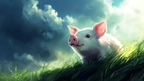 Sunlit white piglet in vivid meadow with stormy sky.