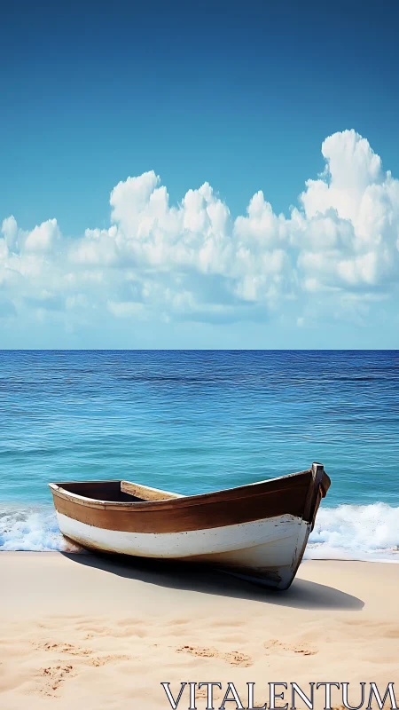 Gentle wooden rowboat rests quietly on a sunlit shore