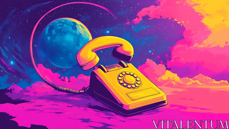 Retro yellow space phone glowing under neon cosmic skies.
