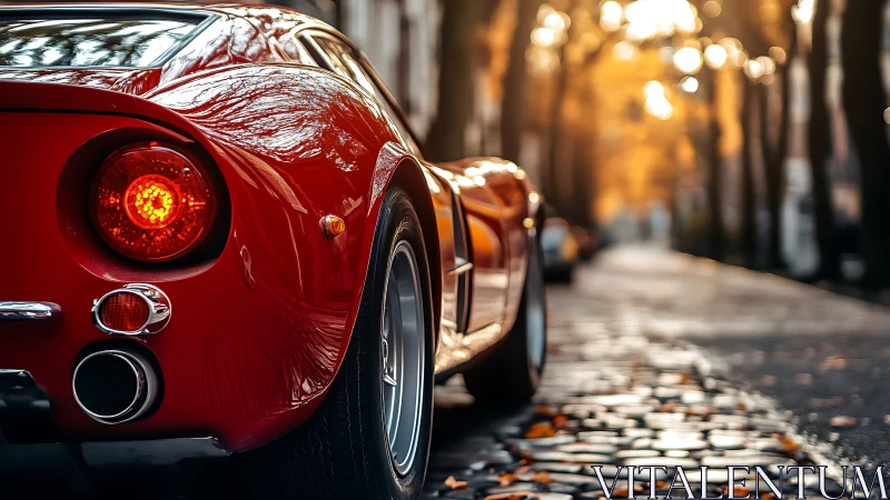 Timeless red sports car glows along a quiet autumn street