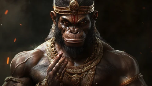 Majestic warrior monkey deity in glowing ember light.