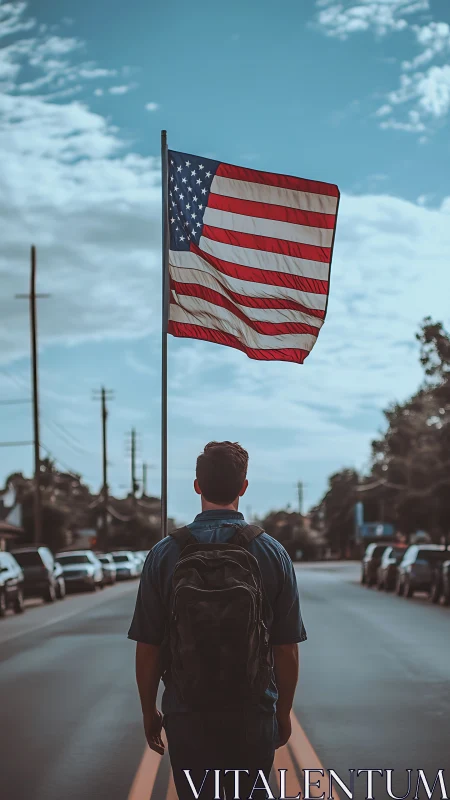 Man with backpack facing large US flag in empty street.