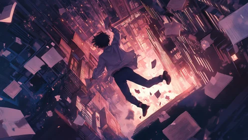 Young man falls through neon city of books and burning pages