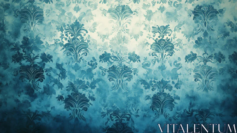 Blue damask wallpaper pattern with soft textured gradient.