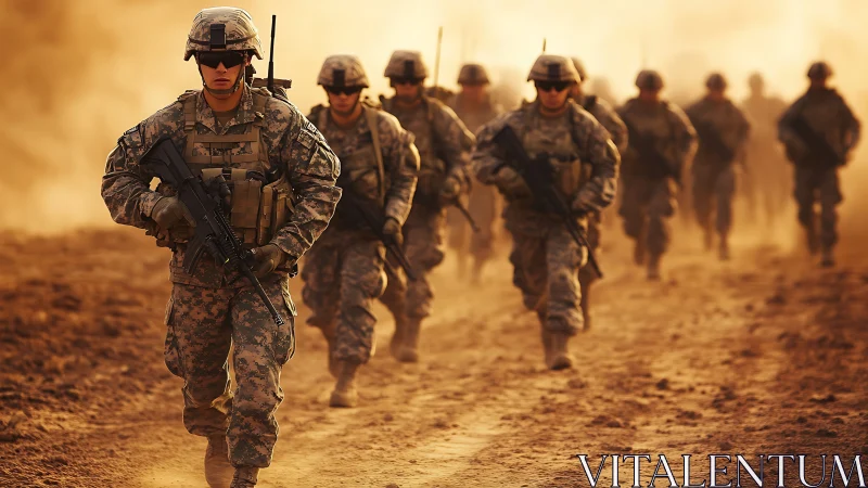 Sunlit march of soldiers through swirling desert dust.