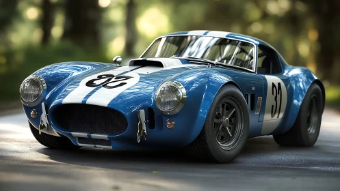 Blue vintage race coupe is rendered on a forest road