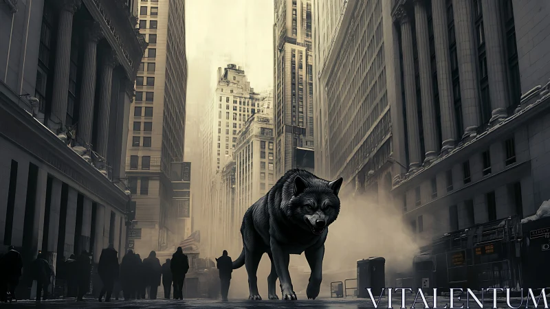 Urban canyon surrenders to a colossal midnight wolf stride