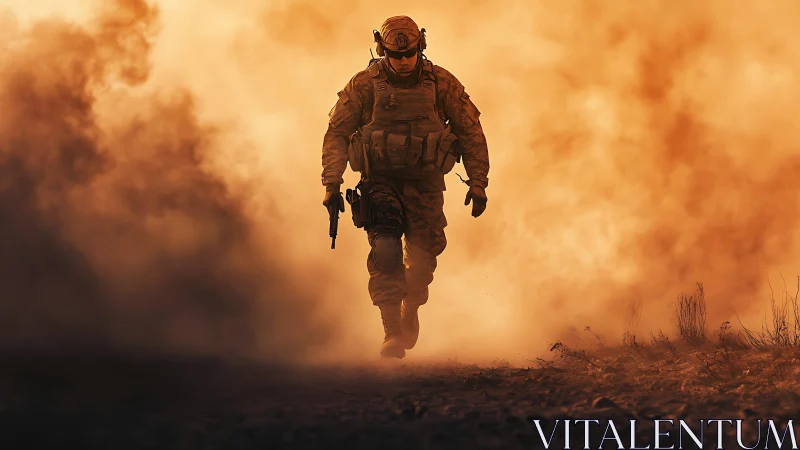 Calm soldier stepping forward through swirling desert dust.