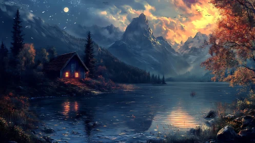 Mountain lake cabin at dusk with illuminated windows.