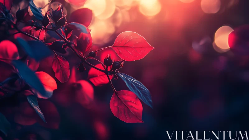 Sunlit crimson leaves glowing softly in dreamy evening light.