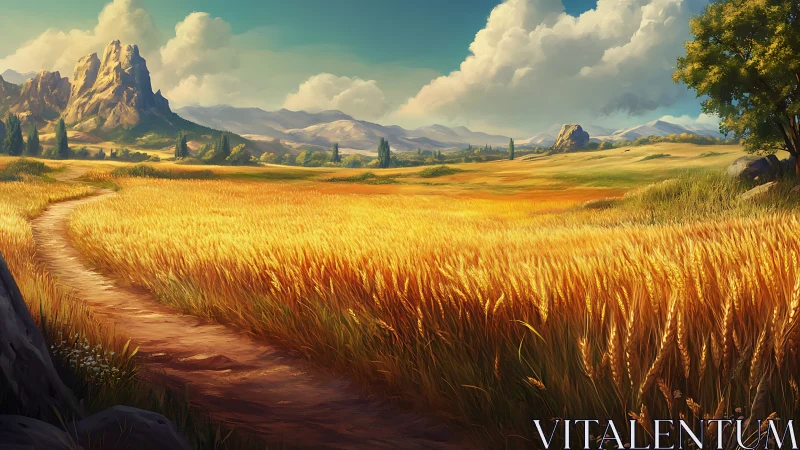 Sunlit wheat field unfolds toward distant blue mountains