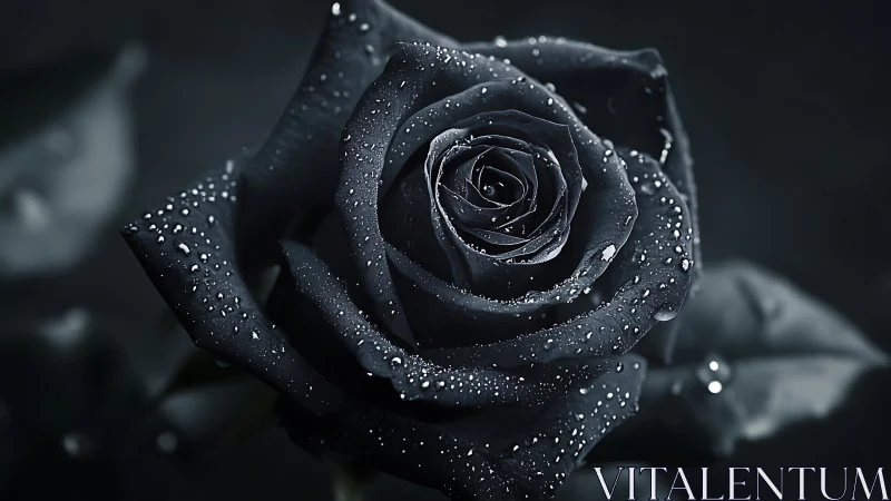 Midnight rose glowing softly with silver raindrops.