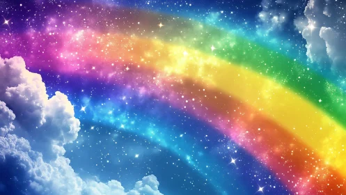 Multicolored rainbow arc across starry sky with clouds.