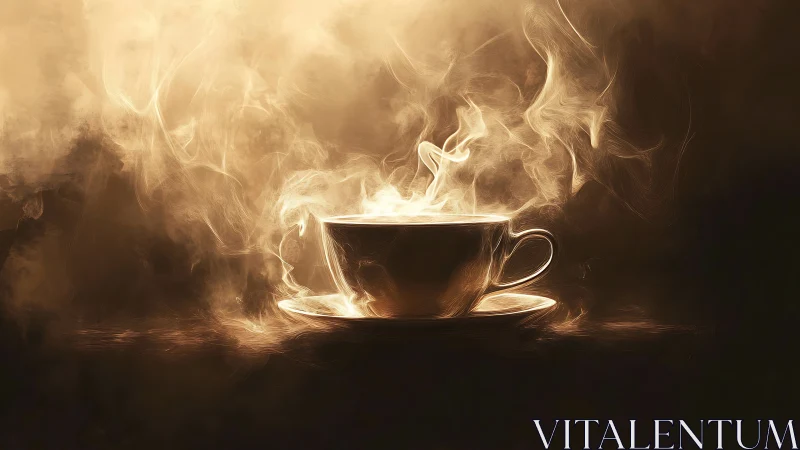 Luminous coffee cup in swirling golden steam abstraction.