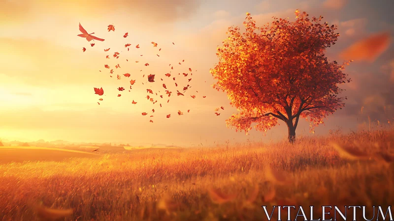 Autumn tree glows under golden sunset, leaves swirl skyward.