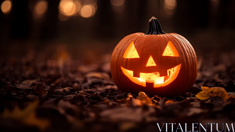Carved jack-o-lantern sits illuminated on forest floor
