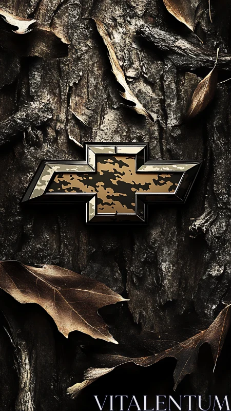 Metallic camo emblem contrasts against textured bark surface