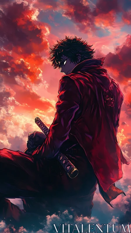 Blade-wielding anime warrior under blazing sunset sky.