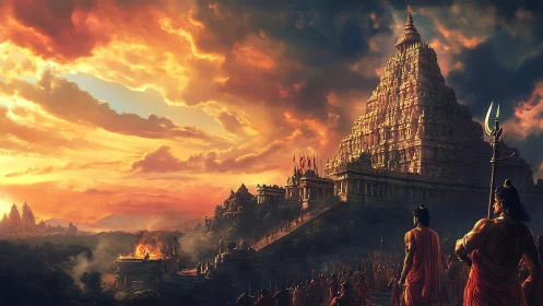 Sunset pilgrimage toward a towering golden-temple citadel.