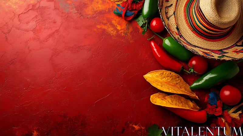 Vibrant Mexican fiesta ingredients rest on rich red background