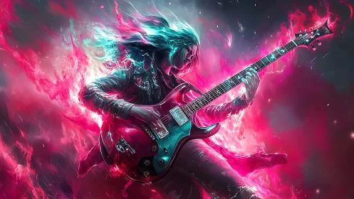Electric guitarist surrounded by stylized neon plasma effects