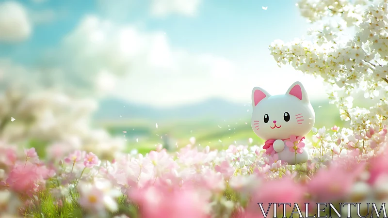 Cute white cat figure enjoys a dreamy spring flower meadow
