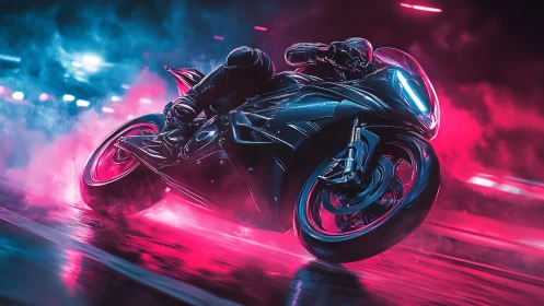 Neon sportbike slices through smoky cyberpunk highway night.