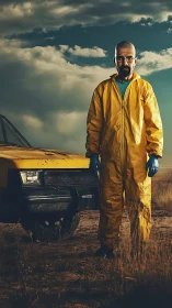 Man in yellow hazmat suit standing by dusty yellow car.