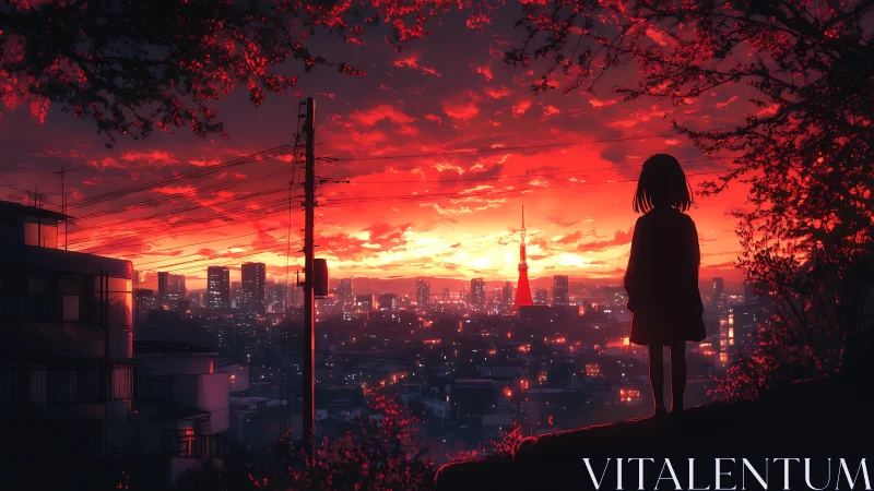 Girl watches a glowing city skyline beneath a burning sunset