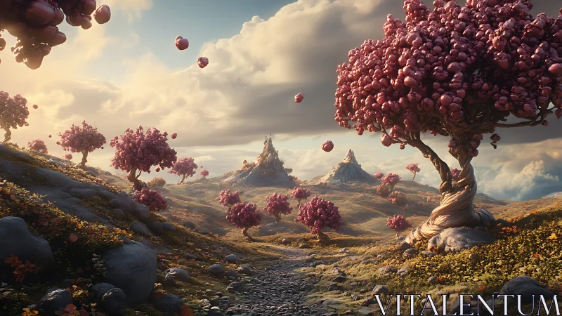 Dreamy pink orchards winding through a soft fantasy valley.