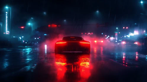 Sleek sports car glows against a rainy neon city night