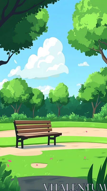 Park Bench Under Trees with Blue Sky