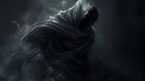 Hooded spectral figure in dark swirling tattered drapery.