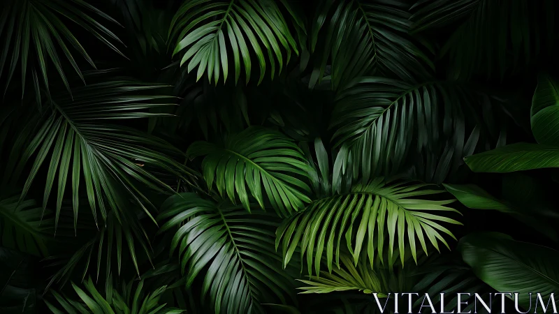 Dense tropical palm foliage under low-key directional light