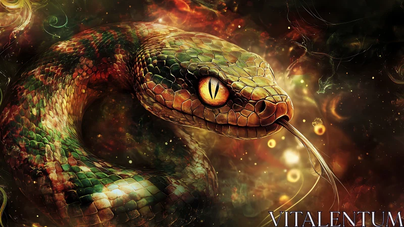 Vibrant cosmic serpent coils in glowing abstract darkness