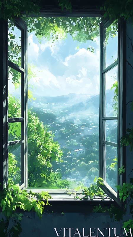 Open window frames sunlit valley and distant blue hills.