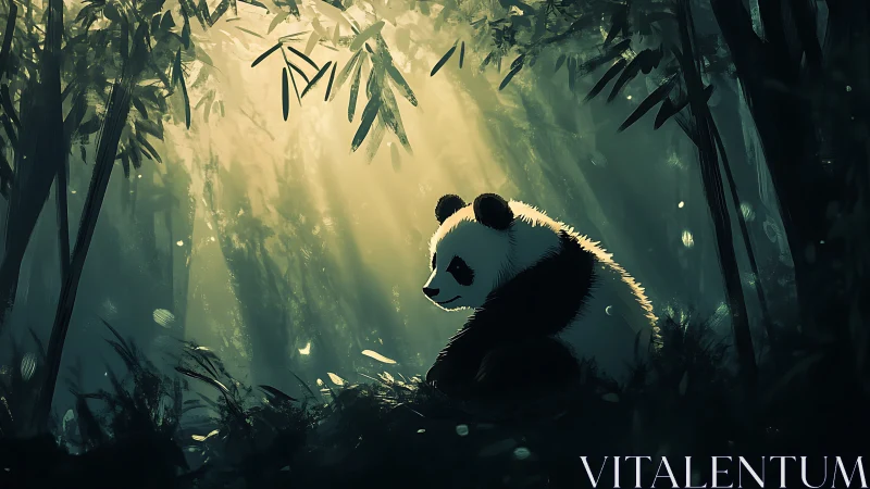 Solitary panda rests in dappled light within dense bamboo