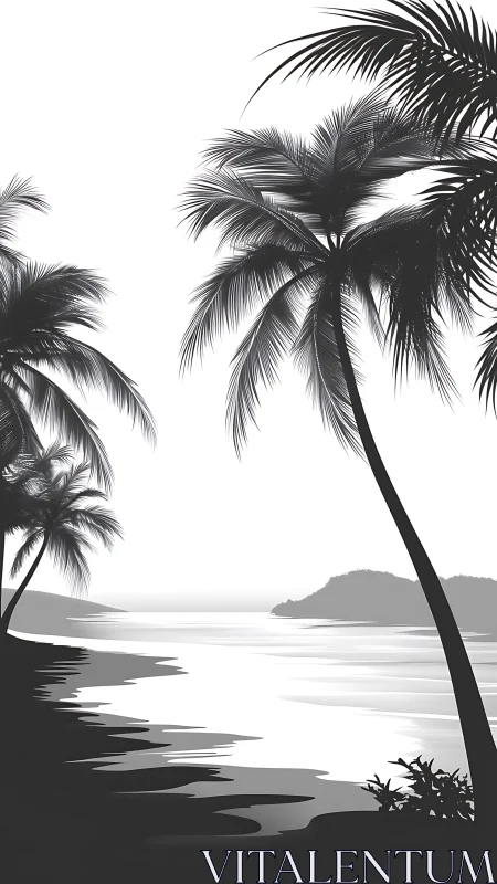 Tropical Shoreline with Palm Trees in Grayscale