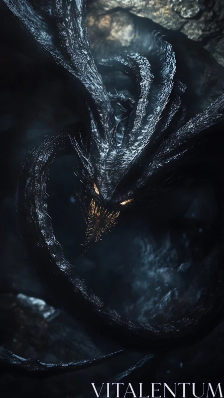 Serpentine dark creature with glowing eyes in cavern space.