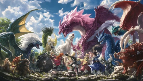 Fantasy warriors confront dragons in bright open landscape.