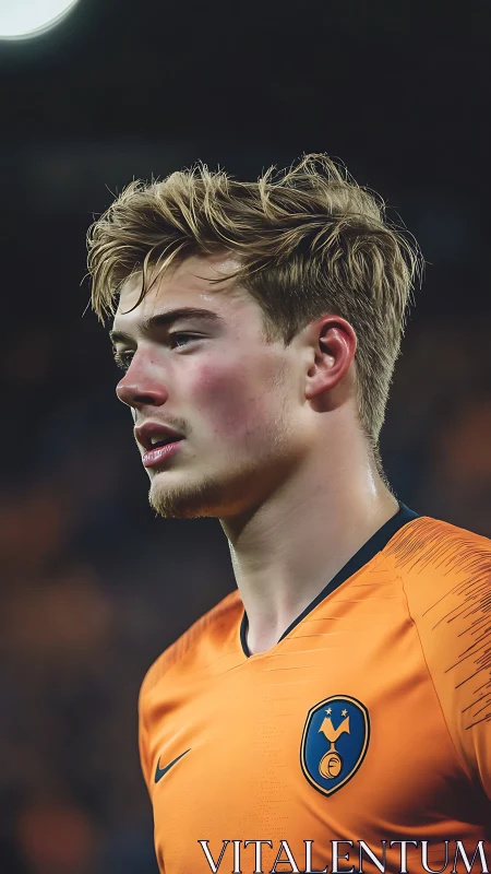 Male football player in orange kit stands under stadium light