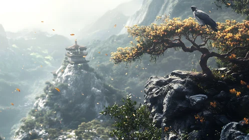 Digital painting of misty mountain shrine with lone bonsai raven.