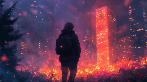 Backlit silhouette surveying incendiary urban forest burnscape.