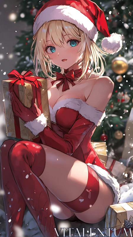 Blonde anime girl in revealing Santa outfit holds present