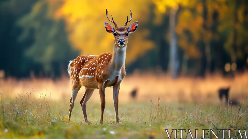 Young spotted deer standing alert in an autumn meadow.