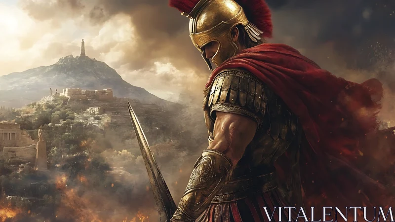 Armored hoplite with sword overlooking ancient hill city.