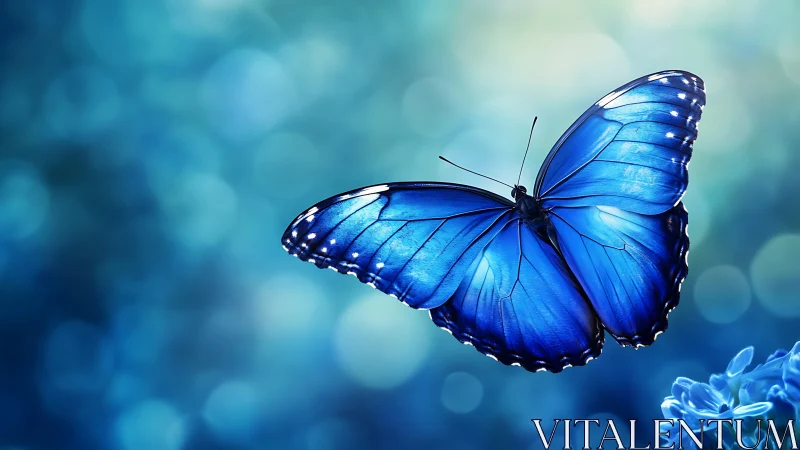 Iridescent blue butterfly in luminous bokeh atmosphere.