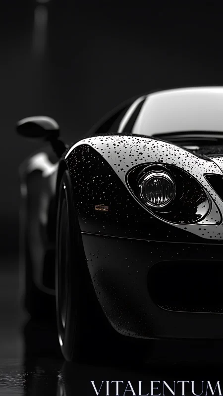 Low key macro study of wet sports car front fascia and headlamp