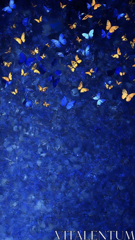Digital painting of golden butterflies on deep cobalt field.